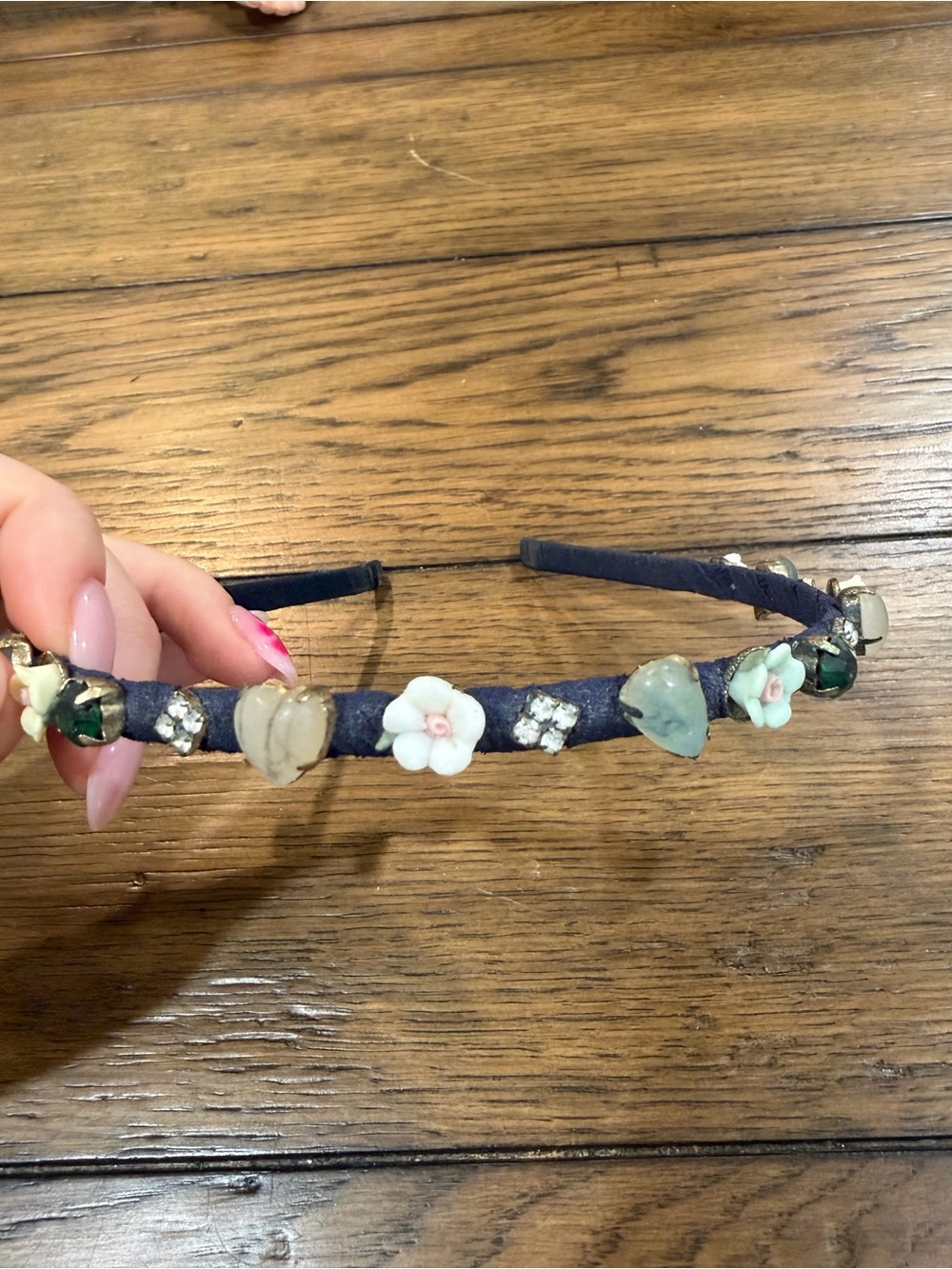 Gemstone Navy Fabric Headband with Mint Floral & Pearl Accents - Picture 2 of 8